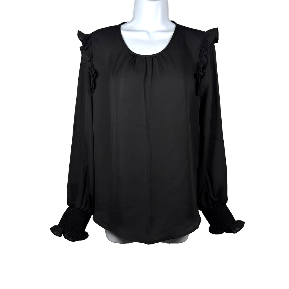 Laundry By Shelli Segal Blouse Womens Medium Black Ruffle Long Sleeve Chiffon